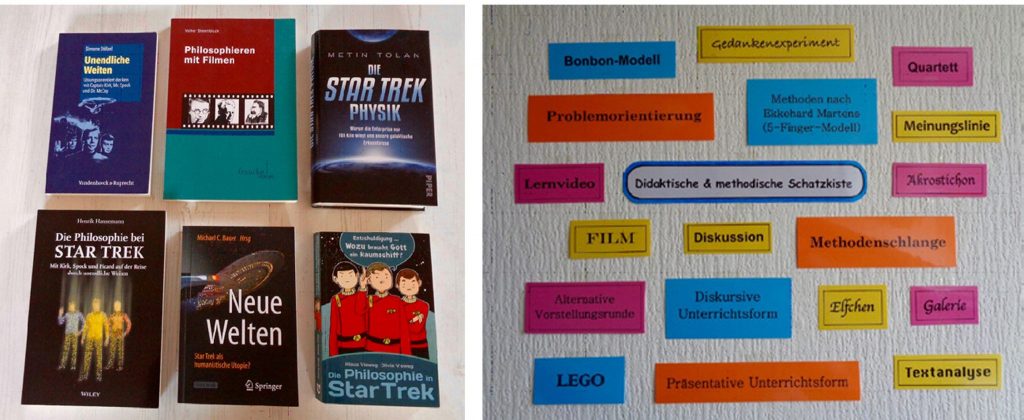 Im linken Bild sind sechs Bücher zur Star Trek Thematik abgebildet.
Das rechte Foto zeigt verschieden farbige Zettel mit Schlagworten im Kontext von einer "Didaktischen & methodischen Schatzkiste". 